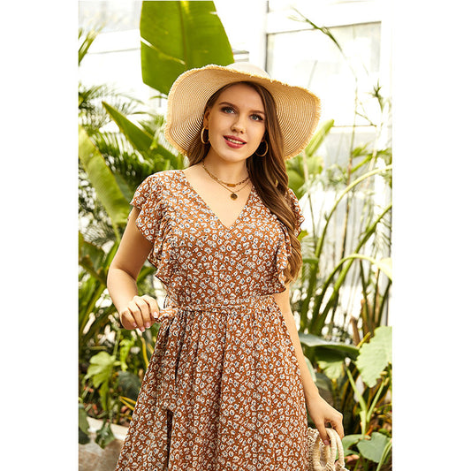 Floral V-Neck Waist Slimming Plus Size Dress