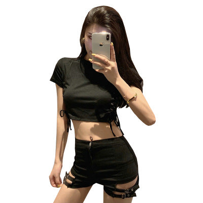 Double Buckle Design High Waist Stretch Tight Shorts For Women
 Product information:

Product name: sexy hot pants

 Main fabric composition; cotton


 Main fabric component content :30%-50%

Color: black

 
 Size information:
0Double Buckle Design High Waist Stretch Tight Shorts