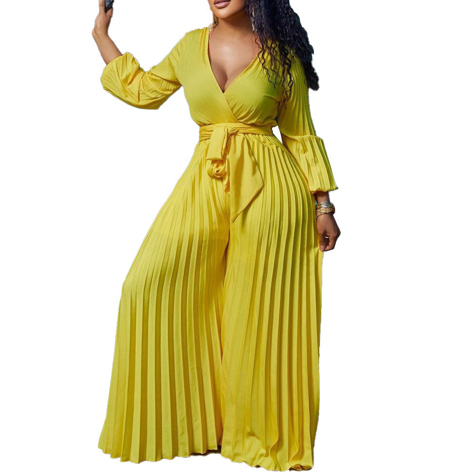 V-neck Lace Up Pleated Wide-leg Plus Size Jumpsuit