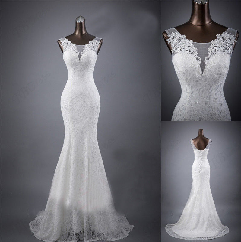 Lace slim and thin double shoulder tail wedding dress