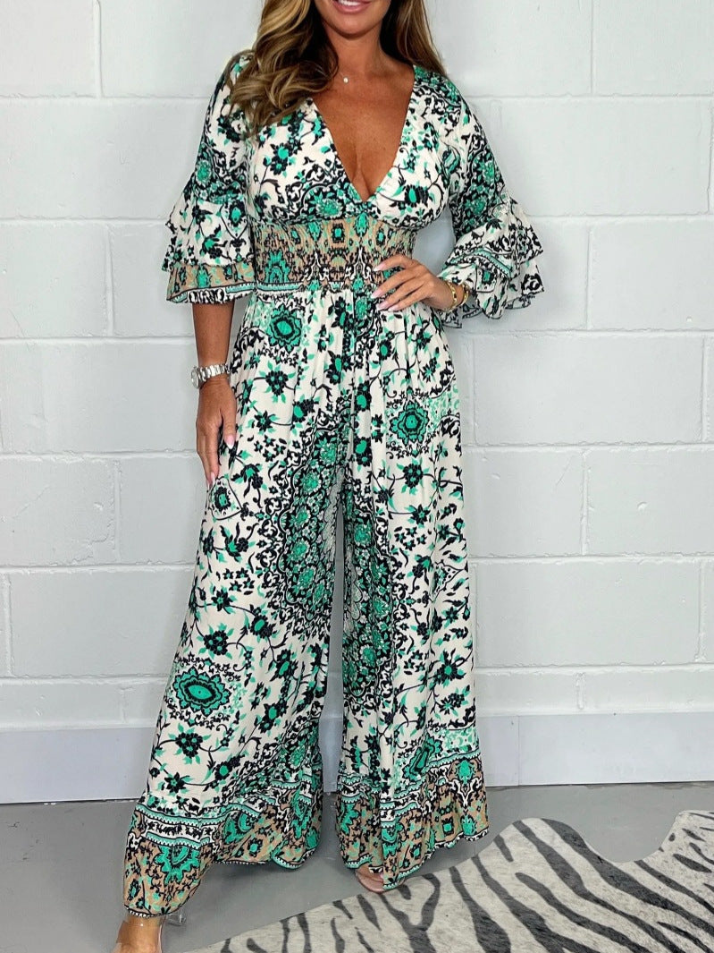 V-neck Printed Jumpsuit Plus Size Casual Jumpsuit