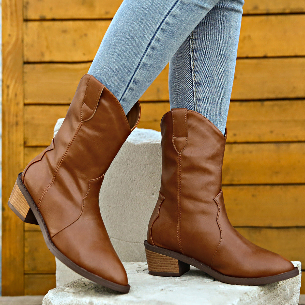 PU Leather Block Heel Boots